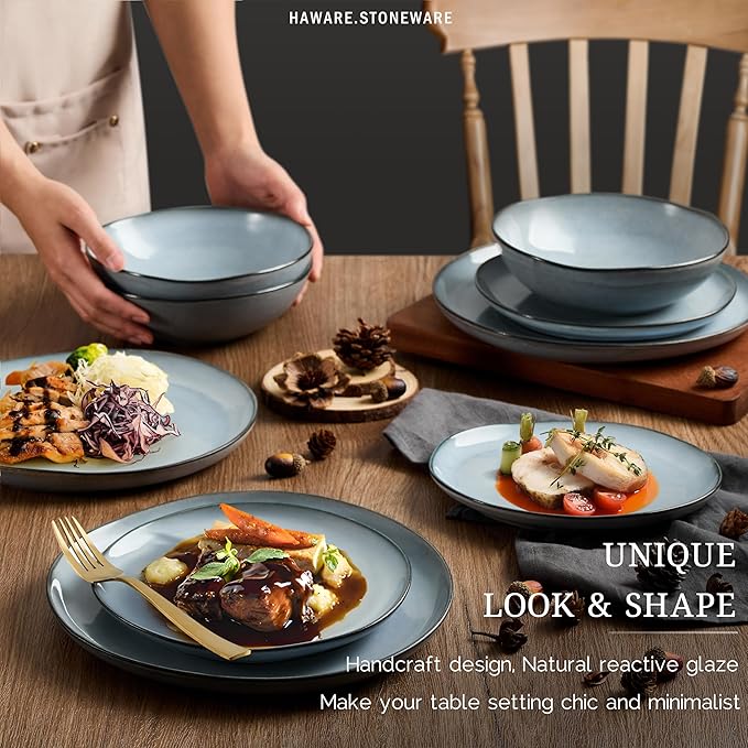 HaWare Plates and Bowls Set, Stoneware Dinnerware Sets, 24-Piece Hand-painted Dishware for 6, Ceramic Dinner Set for Home Kitchen, Scratch Resistant, Microwave and Dishwasher Safe, Reactive Foggy Blue