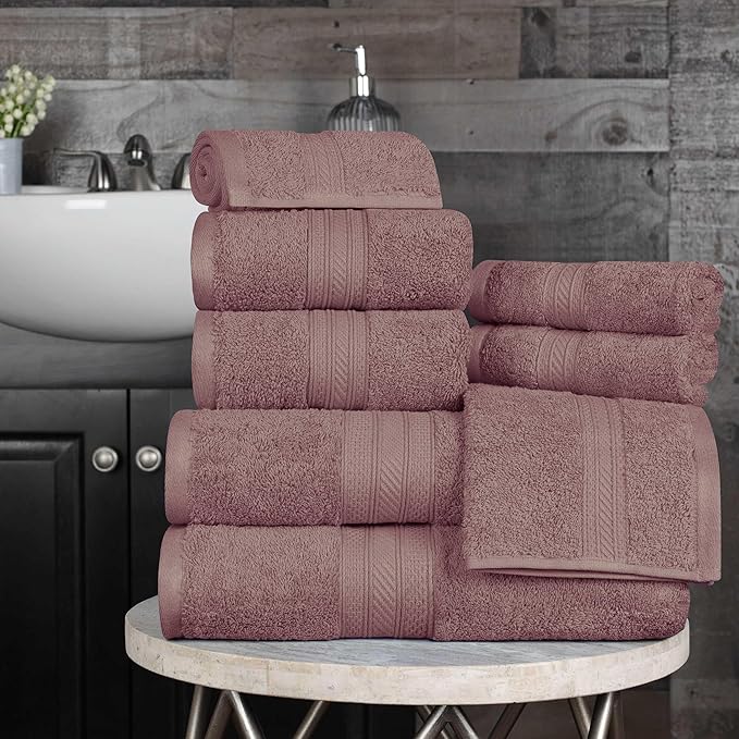 Superior Long Staple 100% Combed Cotton 700GSM 8-Piece Solid Towel Set for Bathroom, Shower-Super Soft, Plush, Assorted 8-Piece Towels, 4 Face/Washcloths, 2 Hand Towels, 2 Bath Towels, Grape Shake