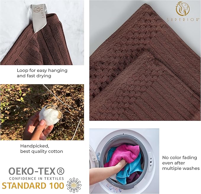 Cotton 6-Piece Solid and Ribbed Towel Set, Face Towels 13” x 13”, Hand Towels 16” x 28”, Bath Towels 27” x 54”, Java by Superior