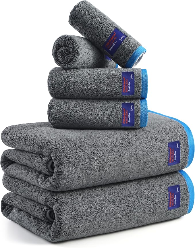 REDKISS 6 Pack Cotton Towel Set with Luxury Embellished Border, 600 GSM Ultra Soft & Highly Absorbent Bath Towels Set with 2 Bath, 2 Hand, 2 Washcloths for Bathroom, Gym, Spa, Hotel, Light Grey