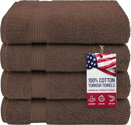 American Veteran Towel, 100% Cotton Turkish Bath Towels for Bathroom 4 Pack, 27x54 Extra Large Premium Soft Drying Bathroom Towels, Brown
