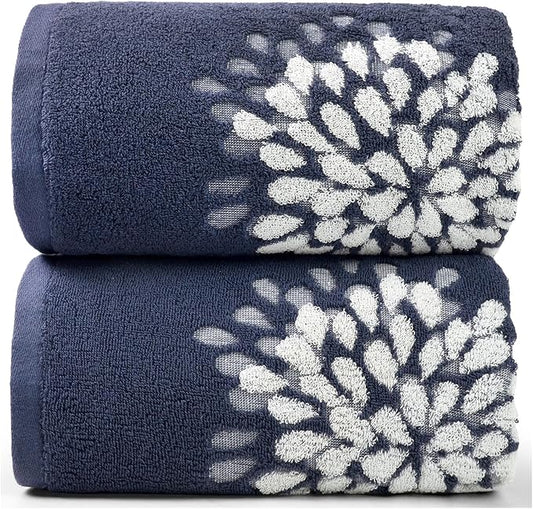 Cute Bath Towels Set of 2 (Denim Blue) - Large 55” x 28”, Decorative Hydrangea Floral Jacquard, Bathroom & Guest Room Decor, Cotton