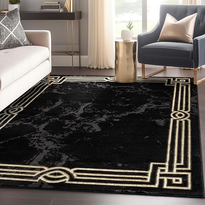 Well Woven Lezlee Abstract Modern 3'11" x 5'3" Area Rug Black Gold Marble Border - for Entryway, Office, Accent