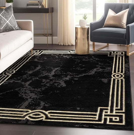 Well Woven Lezlee Abstract Modern 3'11" x 5'3" Area Rug Black Gold Marble Border - for Entryway, Office, Accent