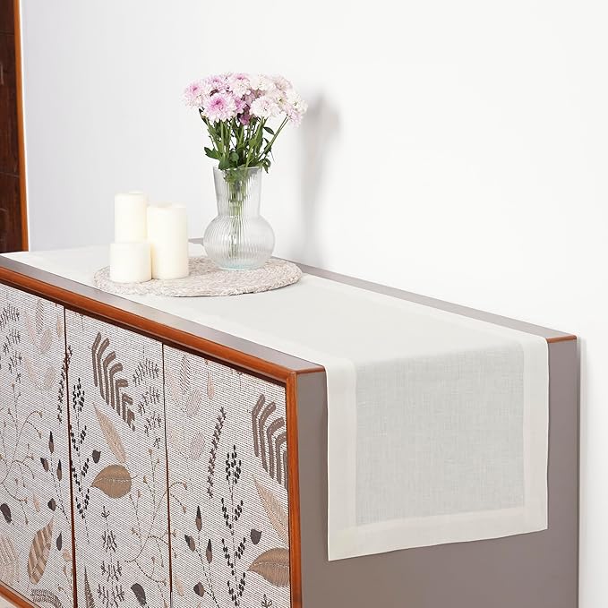D'Moksha Homes Linen Ivory Table Runner 36 Inches - 100% Pure Linen Small Table Runner 14 x 36 Inch for Dresser, Coffee Tables, Winter, Holiday, New Year - Machine Washable