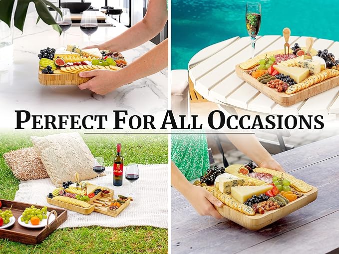 Zulay Kitchen Premium Bamboo Cheese Board Set - Extra Thick Bamboo Charcuterie Board Set with 4 Piece Knife Set - Wooden Cheese Board, Perfect for Charcuterie, Wine & Cheese - Charcuterie Gift Set