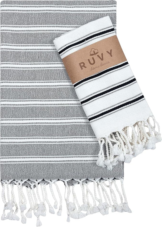 Ruvy Home Basics Turkish Hand Towels for Bathroom Set of 2 | 18"x40", Cotton | Decorative Towel for Bathroom, Kitchen, Dishcloth, Tea, Yoga, Face, Gym - Black