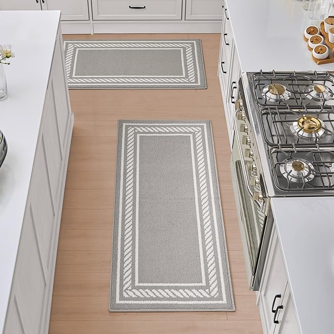 Nautica – Runner Rug 2 Piece Set | Indoor Runners for Hallways and Entry Rugs| Non-Skid Entry and Kitchen Door Mat| Machine Washable Carpet Rugs | 2'2" x 3'9" and 2'2" x 5' | Rope Border Light Grey