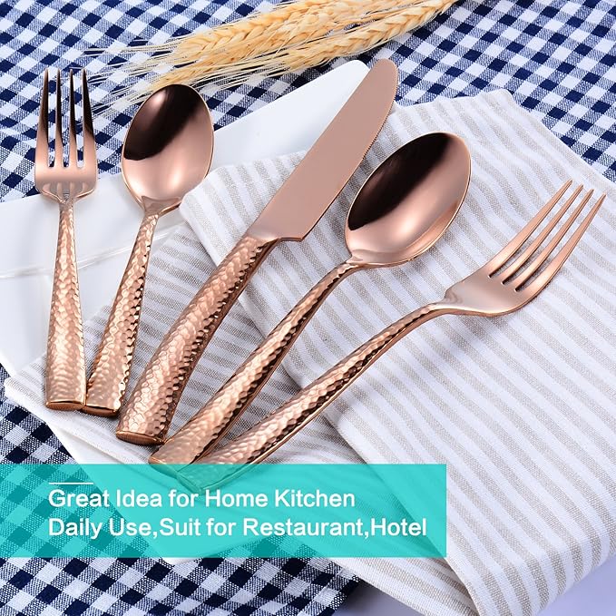 Silverware Rose Gold Hammered Heavy Flatware Set Cutlery Set Stainless Steel Mirror Finished Utensil 20 Pieces Spoons Forks and Knives Service for 4