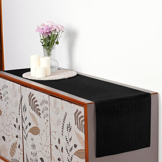 D'Moksha Homes Linen Black Table Runner 108 Inches Long - 100% Pure Linen Dining Table Runner 14 x 108 Inch for Winter, Holiday, New Year - Machine Washable