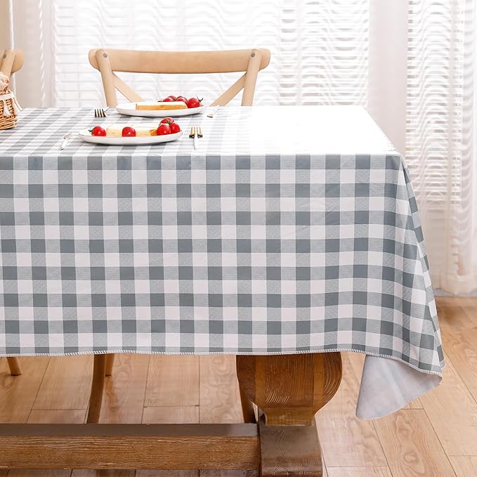 Heavy Duty Vinyl Tablecloth with Flannel Backing Waterproof Oil-Proof Plastic Table Cloth Stain-Resistant Wipeable Rectangle or Square Table Cover for Indoor and Outdoor (Grey Checkered, 60x84 Inch)