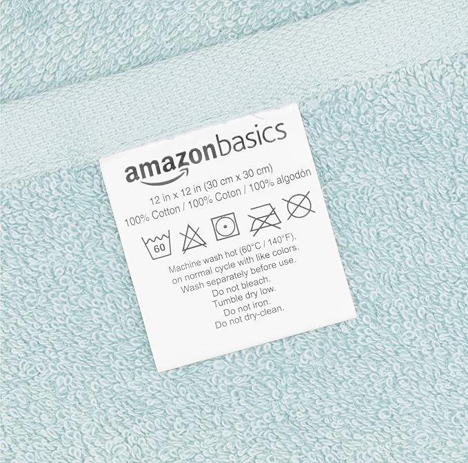 Amazon Basics face Towels for Bathroom, 100% Cotton Extra Absorbent washcloth, Fast Drying - Salon Towel - Ice Blue (12 x 12 inches) (Pack of 144)
