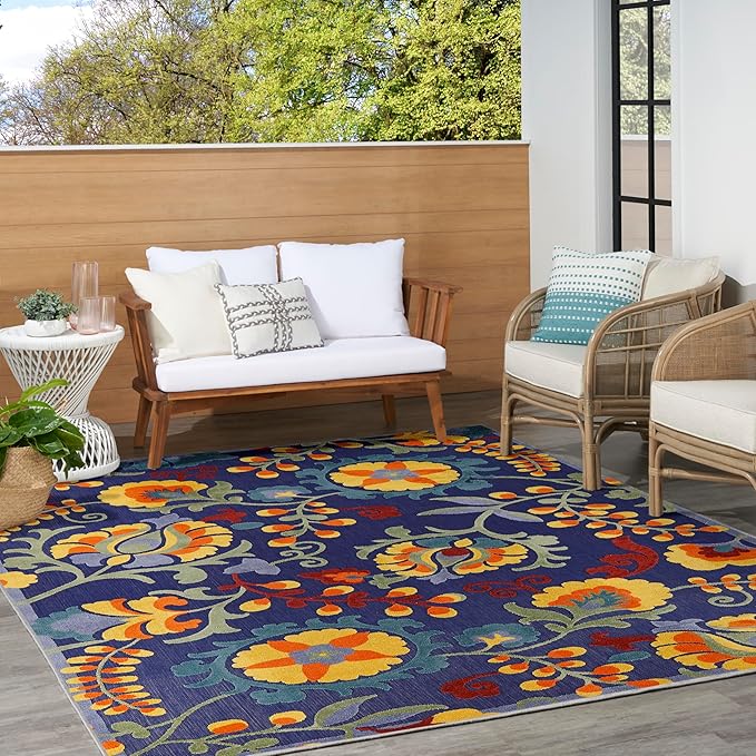 Nourison Home Aloha Navy Multicolor 7'10" x 10'6" Area Rug - Easy Clean, Non Shedding, Bed Room, Living Room, Dining Room, Kitchen (8' x 11')