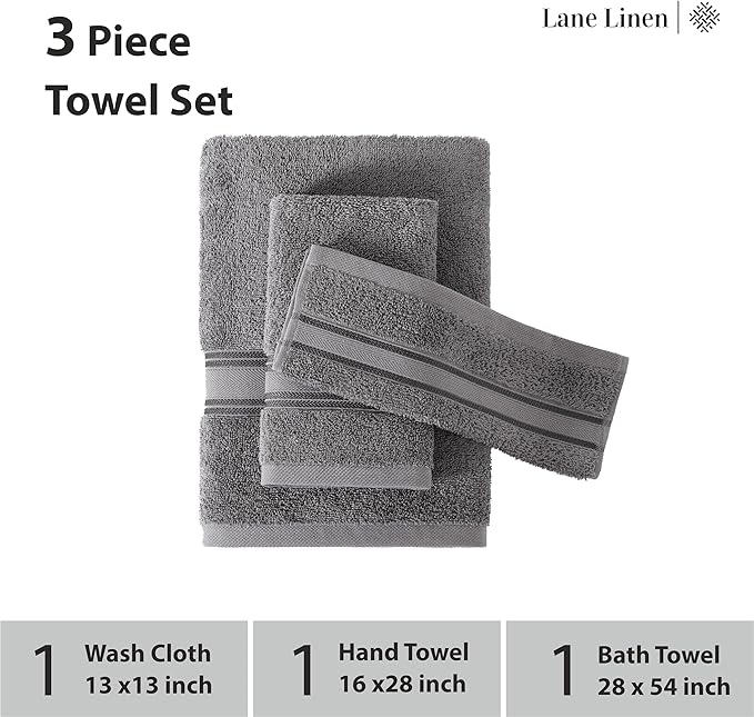 LANE LINEN Luxury Bath Towels Set - 3 Piece Set, 100% Cotton Bathroom Towels, Zero Twist, Quick Dry, Super Absorbent & Soft, 1 Bath Towel, 1 Hand Towel, 1 Wash Cloths - Cool Grey