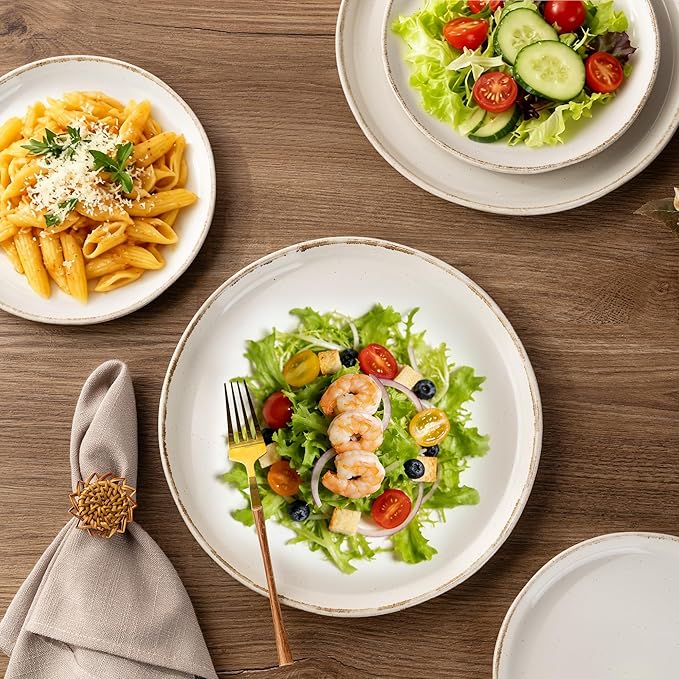 AmorArc Ceramic Dinnerware Sets for 4, 12 Pieces Handpainted Plates and Bowls Set with Rustic Terracotta Underside, Scratch Resistant Stoneware Dishes Set, Dishwasher & Microwave Safe, Beige