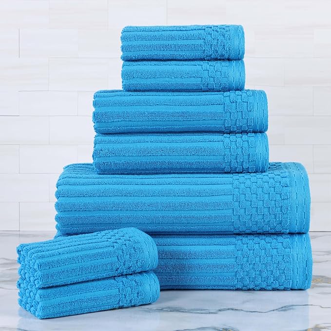 Cotton 8-Piece Solid and Ribbed Towel Set, Face Towels 13” x 13”, Hand Towels 16” x 28”, Bath Towels 27” x 54”, Azure by Superior