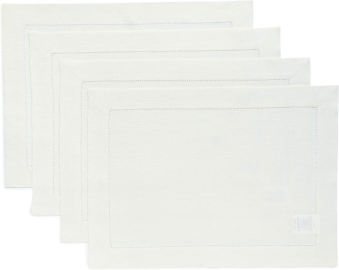 Solino Home Linen Placemats Set of 4 - Classic Hemstitch Ivory Placemats 14 x 19 Inch - 100% Pure Linen Table Mats for Holiday, New Year