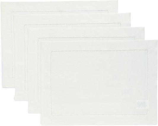 Solino Home Linen Placemats Set of 4 - Classic Hemstitch Ivory Placemats 14 x 19 Inch - 100% Pure Linen Table Mats for Holiday, New Year