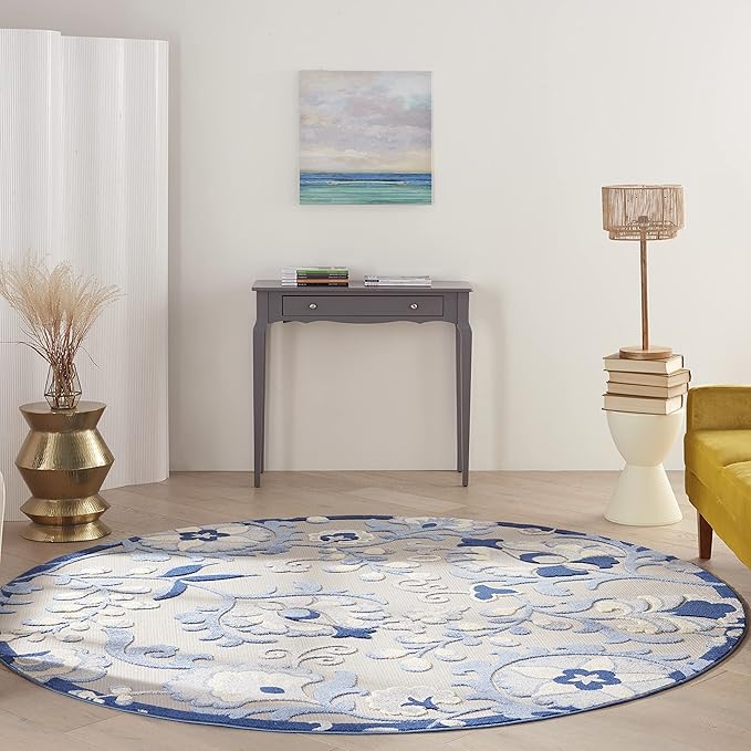 Nourison Home Aloha Blue Grey 7'10" x Round Area Rug - Easy Clean, Non Shedding, Bed Room, Living Room, Dining Room, Kitchen (8' x Round)