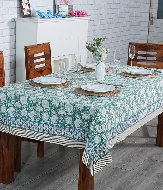 Ridhi Turquoise Moss Green Hand Block Print Cotton Rectangle Tablecloth 160" x 72" inches Reusable Table Cover Decorative Everyday Use for Dining, Farmhouse, Home, Party, Festive, Wedding, Fall