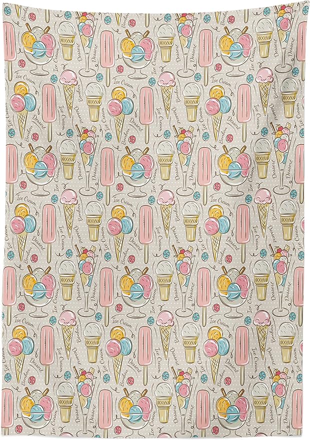 Ambesonne Dessert Tablecloth, Ice Cream and Bonbons Eating and Food Themed Polka Dots on The Background, Rectangular Table Cover for Dining Room Kitchen Decor, 60" X 84", Pink Beige