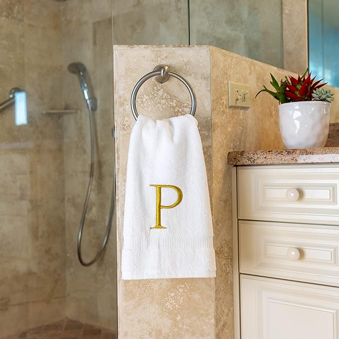 Monogrammed Hand Towels for Bathroom - Luxury Hotel Quality Personalized Initial Decorative Embroidered Bath Towel for Powder Room, Spa - GOTS Organic Certified - Set of 2 Gold Letter P