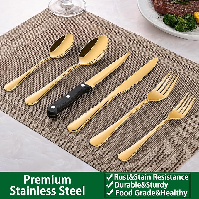 Gold 49 Pieces Stainless Steel Flatware Sets With Organizer,Golden Silverware Sets With Steak Knives Service For 8,Durable Knife And Fork Spoon Sets For Home Kitchen