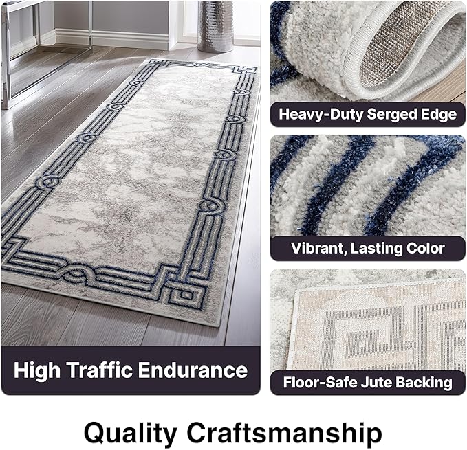 Well Woven Lezlee Abstract Modern 3'11" x 5'3" Area Rug - Blue Marble Border - for Entryway, Office, Living Room