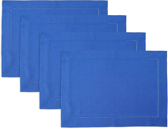 Solino Home Linen Placemats Set of 4 - Classic Hemstitch Royal Blue Placemats 14 x 19 Inch - 100% Pure Linen Table Mats for Holiday, Winter, New Year
