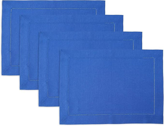Solino Home Linen Placemats Set of 4 - Classic Hemstitch Royal Blue Placemats 14 x 19 Inch - 100% Pure Linen Table Mats for Holiday, Winter, New Year