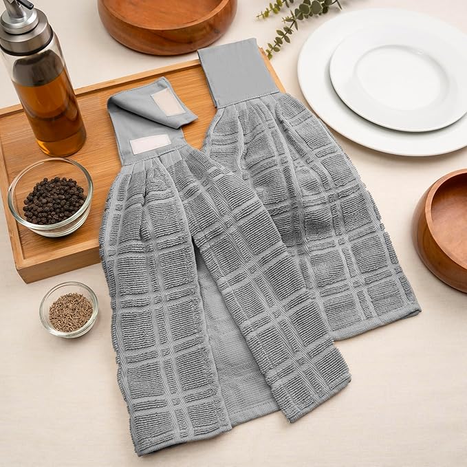 Blue Needles Hanging Kitchen Towels - Grey 100% Cotton Solid Kitchen Tie Towel, Set of 2 Hand Dish Cloth with Hanging Loops 9 x 17 Inches, Absorbent, Super Soft, and Fast Drying Home Essential