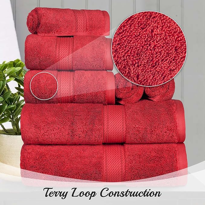 Superior Egyptian Cotton Pile 9 Piece Towel Set, Includes 3 Bath, 3 Hand, 3 Face Towels/Washcloths, Ultra Soft Luxury Towels, Thick Plush Essentials, Guest Bath, Spa, Hotel Bathroom, Red