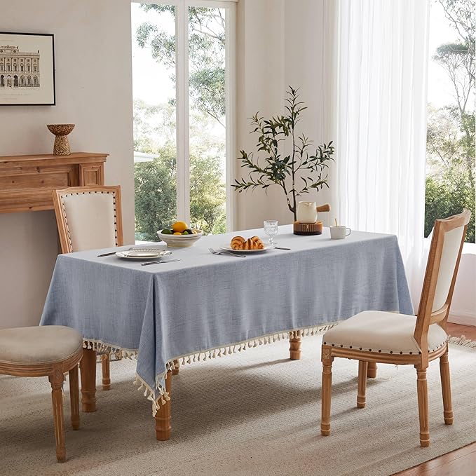 Linen Tablecloth with Tassels, Farmhouse Style Blue Tablecloth, Water Resistant Burlap Tablecloths for Rectangle Table, 60x104 Inch Blue