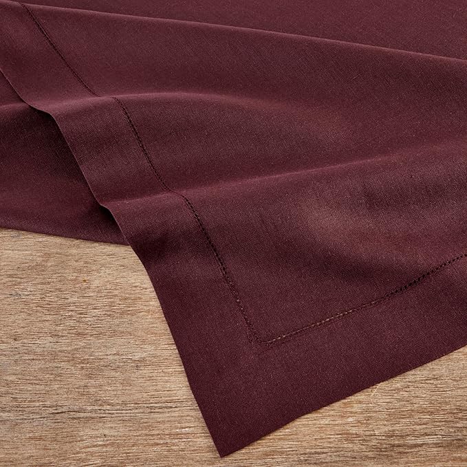 Solino Home Linen Burgundy Tablecloth 60 x 108 Inch - Classic Hemstitch, 100% Pure Linen Rectangular Tablecloth - Machine Washable Table Cloth for Valentines, Winter, New Year