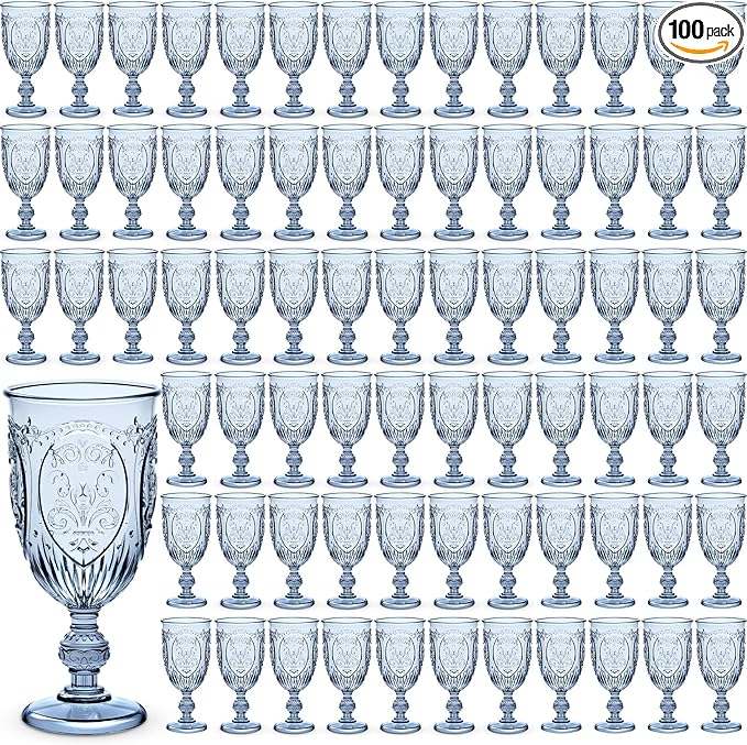 100 Pcs Plastic Goblets 7.5oz Vintage Goblet Plastic Wine Glasses Colored Retro Embossed Water Goblets for Wine Bar Juice Baby Shower Wedding Reception Grand Event Party (Blue)