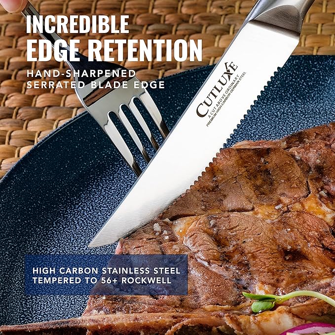 Cutluxe Steak Knives Set of 8, Serrated Steak Knives – Forged High Carbon German Steel, Full Tang, Ergonomic Handle Design – Artisan Series
