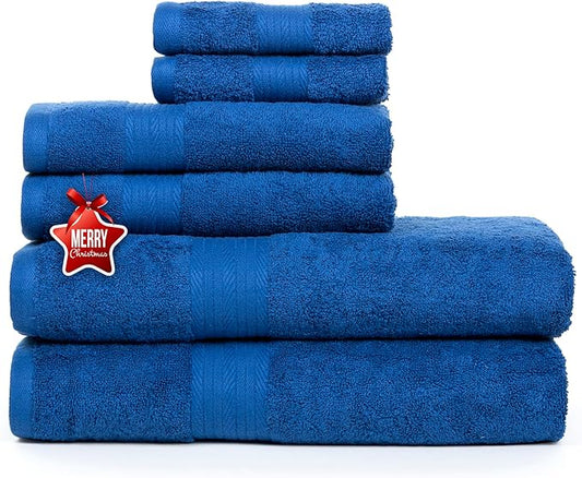 Ample Decor 100% Cotton 6 Piece Towels Sets for Bathroom, 2 Bath Towels, 2 Hand Towels, 2 Wash Cloths - Navy Blue