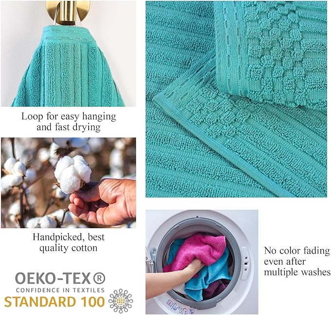Superior Cotton Face Towel/Washcloth Set of 12, Daily Use for Bathroom, Guest Bath, Quick Dry Small Towels, Face, Hand, Gym, Spa, Hotel, Absorbent, Essentials, Ribbed, Soho Collection, Turquoise