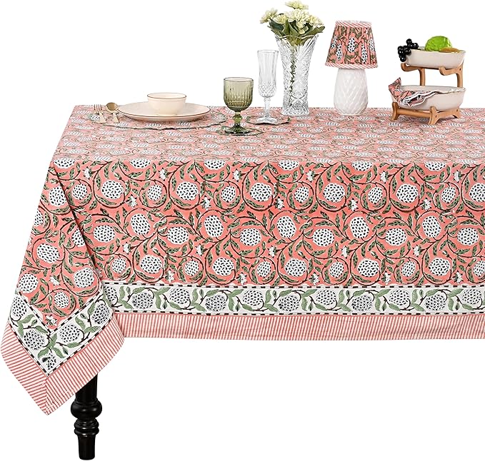 Ridhi Dark Salmon Pink Hand Block Print Cotton Rectangle Tablecloth 120" x 80" inches Reusable Table Cover Decorative Everyday Use for Dining, Farmhouse, Home, Party, Festive, Wedding, Fall