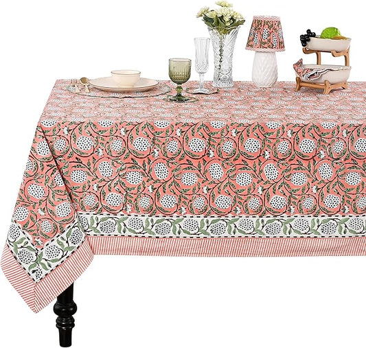 Ridhi Dark Salmon Pink Hand Block Print Cotton Rectangle Tablecloth 120" x 80" inches Reusable Table Cover Decorative Everyday Use for Dining, Farmhouse, Home, Party, Festive, Wedding, Fall