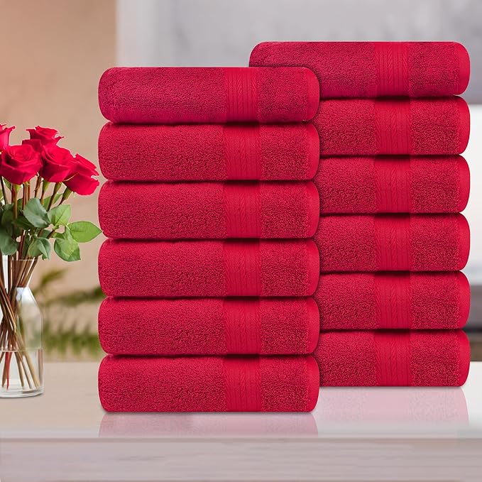 Ample Decor Hand Towel 18 X 28 Inch Pack of 12 600 GSM 100% Cotton, Soft Absorbent Thick Durable Premium Quality, for Hotel, Bathroom, Spa, Daily Use, Gym - Christmas Red