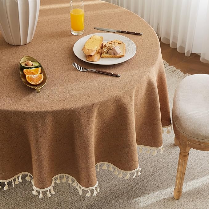 Linen Tablecloth with Tassels, Farmhouse Style Brown Tablecloth, Water Resistant Burlap Tablecloths for Round Table, 52 Inch Round Caramel
