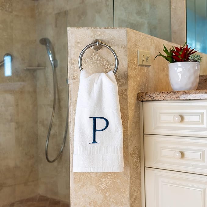 Monogrammed Hand Towels for Bathroom - Luxury Hotel Quality Personalized Initial Decorative Embroidered Bath Towel for Powder Room, Spa - GOTS Organic Certified - Set of 2 Navy Letter P