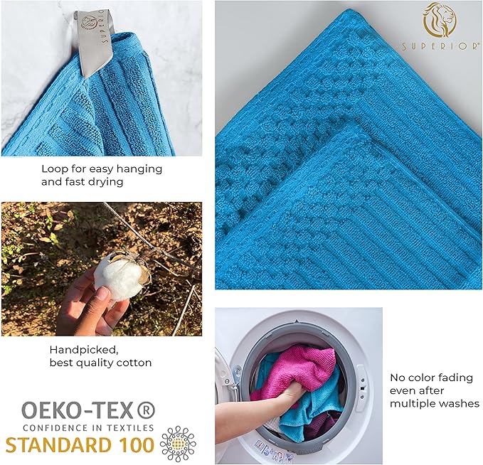 Cotton 4-Piece Solid and Ribbed Hand Towel Set, Hand Towels- 16" x 28", Azure by Superior