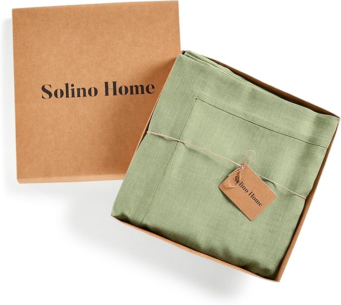 Solino Home Linen Tablecloth 60 x 156 Inch - 100% Pure Linen Chambray Olive Table Cloth for Rectangular Tables - Athena, Machine Washable Cloth Tablecloth for Christmas