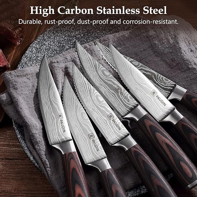 PAUDIN Steak Knives Set of 6, Ultra Sharp Steak Knives 5.25 inch, High Carbon Stainless Steel Steak Knife Set, Serrated Steak Knife with Pakkawood Handle for Steak House Restaurant
