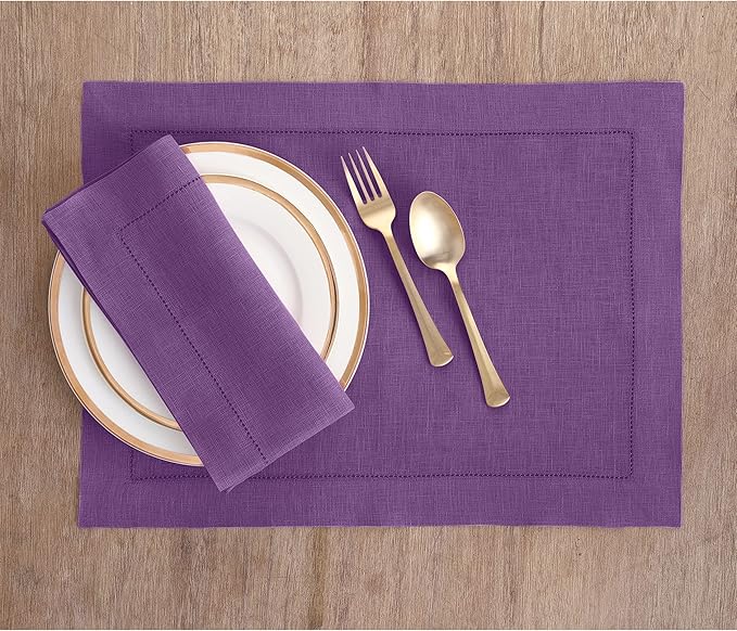 Solino Home Linen Cloth Placemats Set of 6-100% Pure Linen Hemstitch Purple Placemats 14 x 19 Inch - Classic Hemstitch Table Place Mats for Valentines, New Year