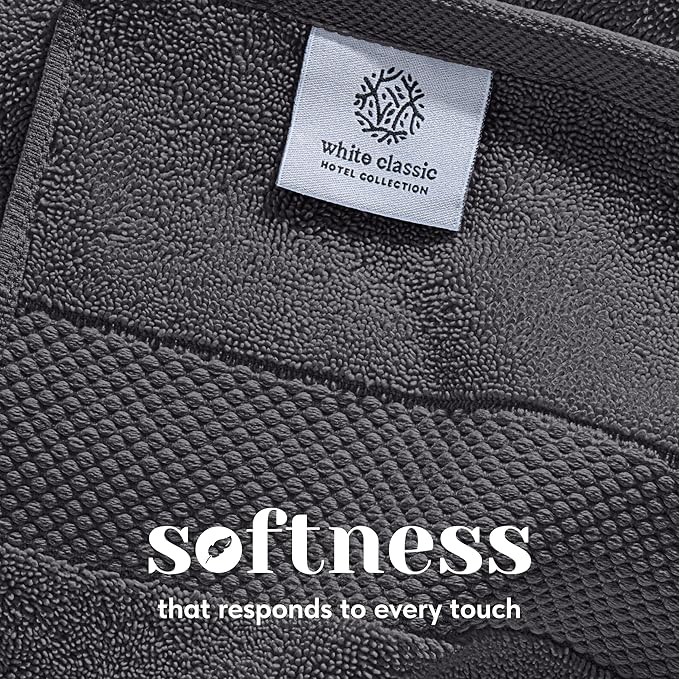 White Classic Luxury Bath Towel Set of 8 Pieces - 100% Turkish Cotton Highly Absorbent Towels for Bathroom, 2 Luxury Bath Towels 700GSM, 2 Hand Towels, 4 Washcloths, Dark Gray