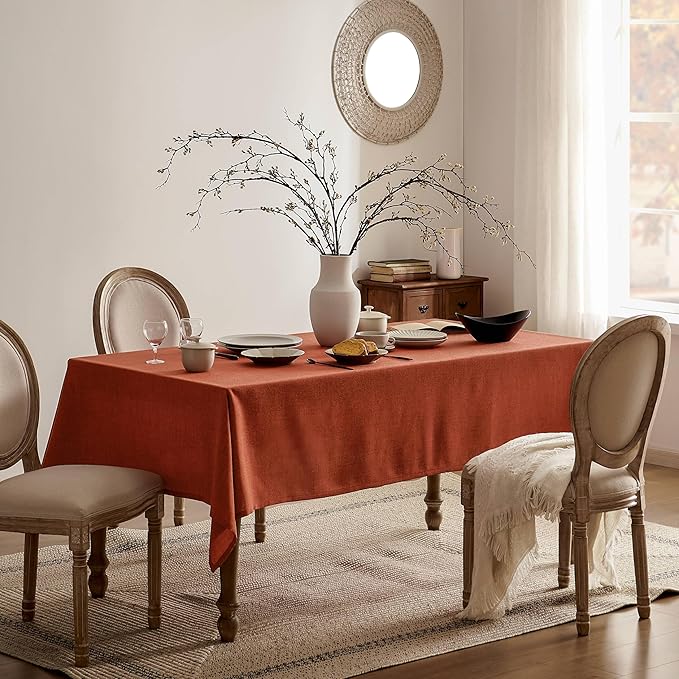 Linen Tablecloth for Rectangle Table, 60x120 Inch Orange, Farmhouse Style Burnt Orange Tablecloth, Water Resistant Burlap Tablecloths for Dining Table Farmhouse Kitchen