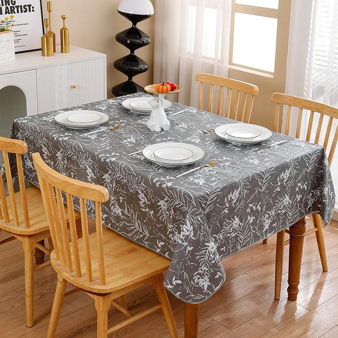 Walrus Heavy Duty Vinyl Tablecloth with Flannel Backing Waterproof Oil-Proof Plastic Table Cloth Stain-Resistant Wipeable Rectangle or Square Table Cover for Indoor and Outdoor (Grey Leaf,52x70 Inch)
